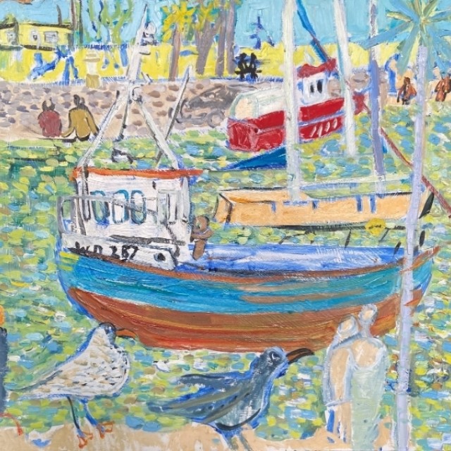 Boats in Courtown with couple sitting on wall, 2020