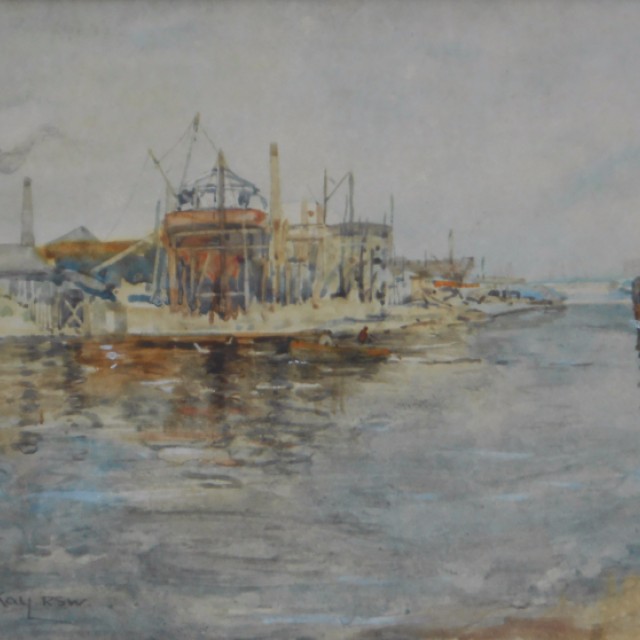 River scene with boat and boatyard