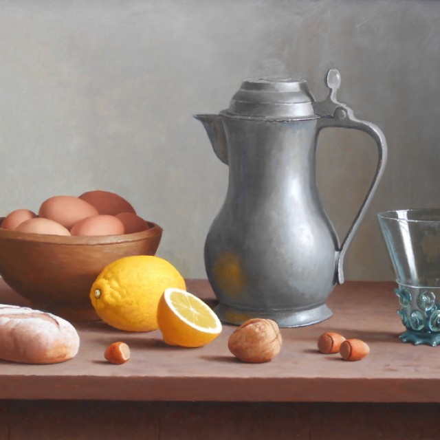 Pewter Jug with Glass, Lemons  and Bowl of Eggs