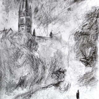 Image depicts a view towards the spire of Glasgow University