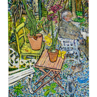 Figure sitting in a garden with cats