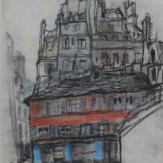 Urban scene depicting shops and tenements and the artist's studio