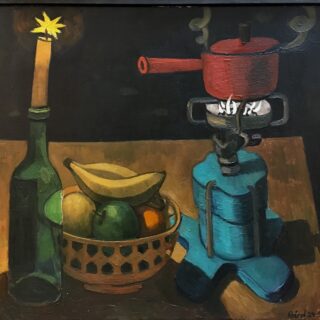 Still life with bottle, kettle on a stove and bowl of fruit