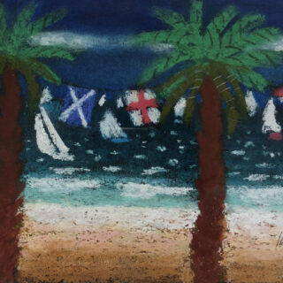 Palm trees on a beach with flags and boats in the water