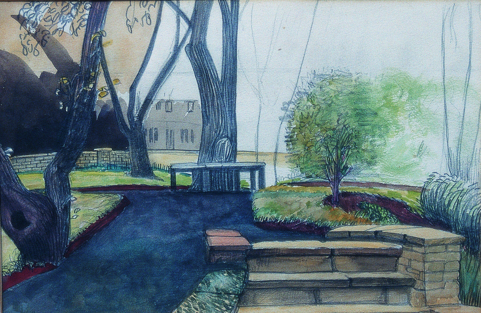 Garden scene with trees and benches