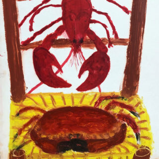 A lobster and a crab on a chair