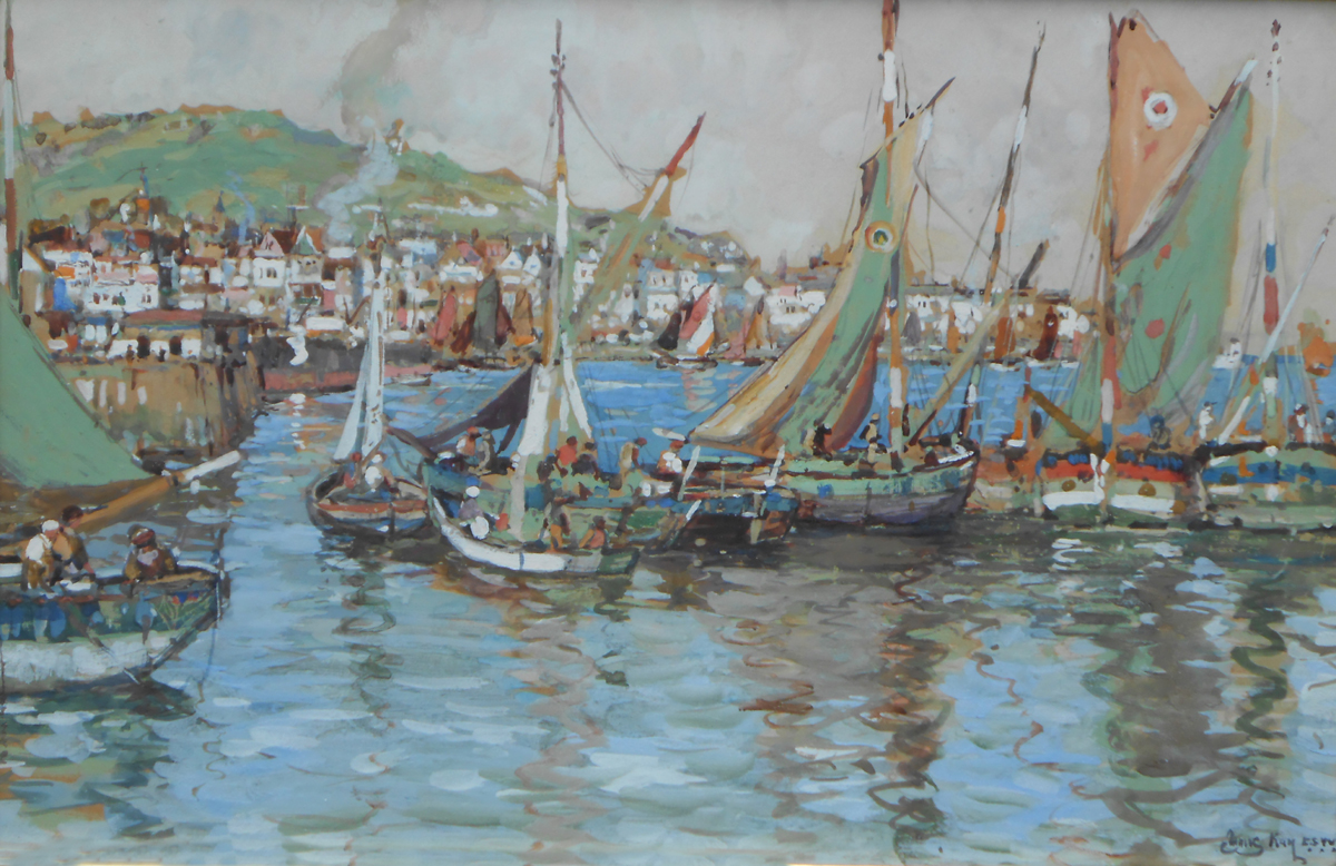 boats with green sails in a harbour