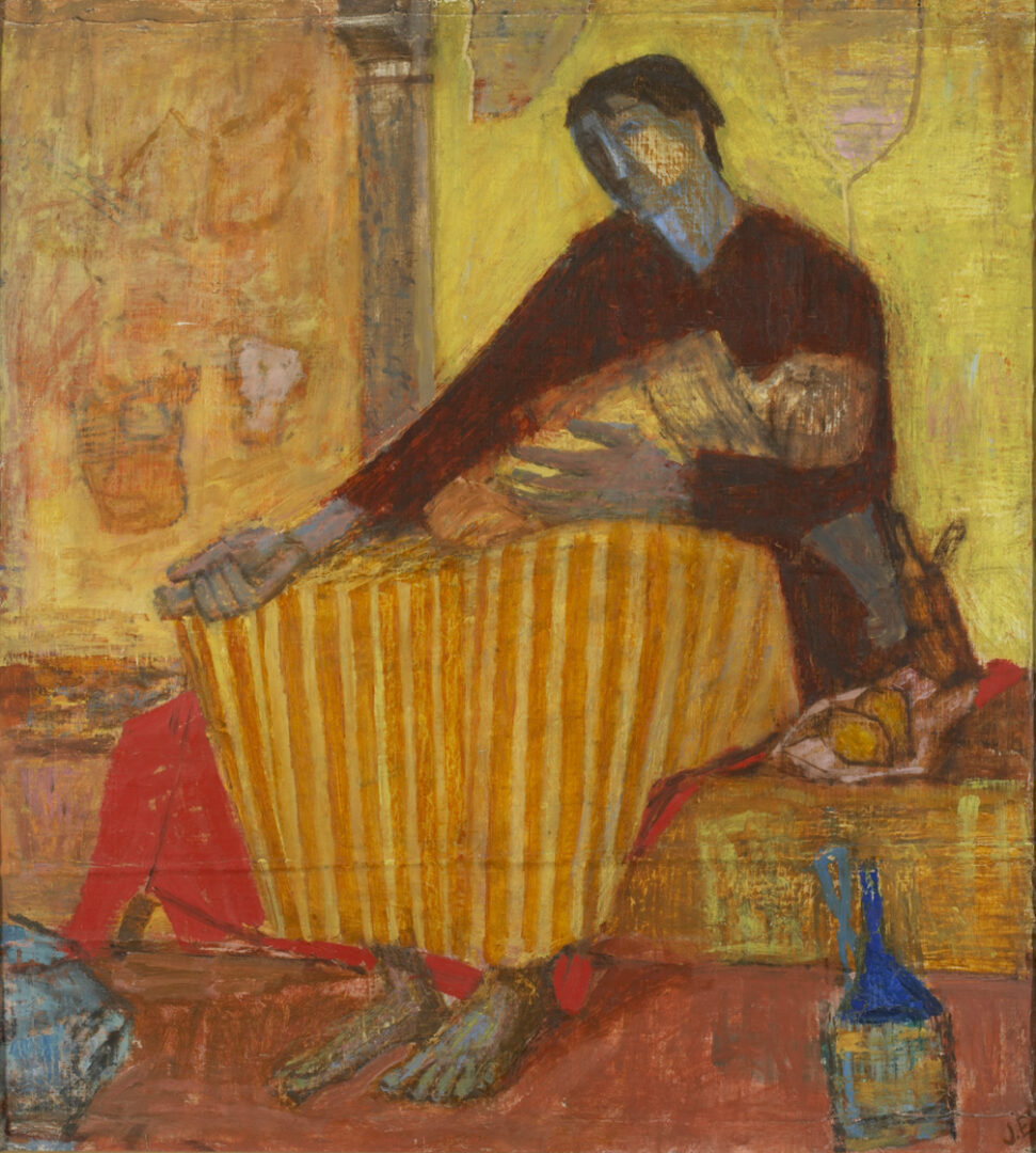 A woman begging whilst holding a child, various objects at her feet