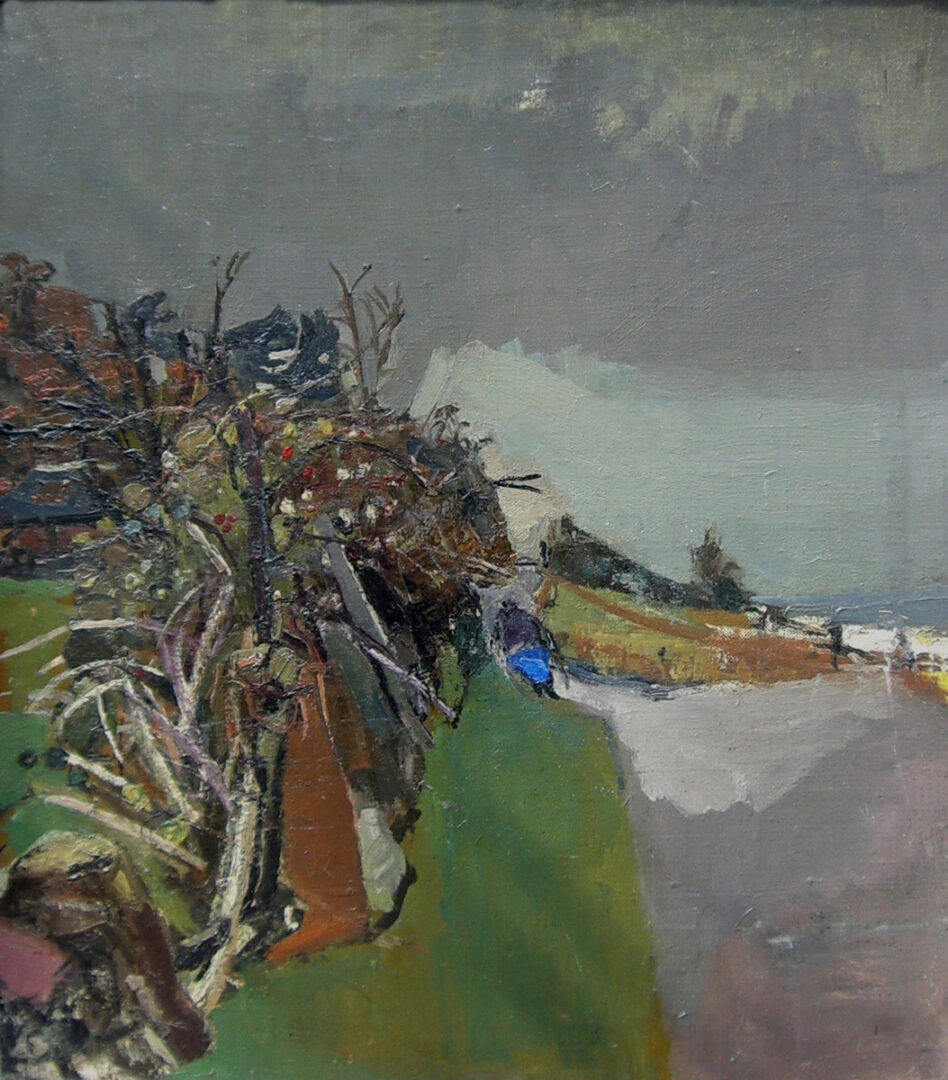 hedgerow beside the shoreline, with a boat and figure