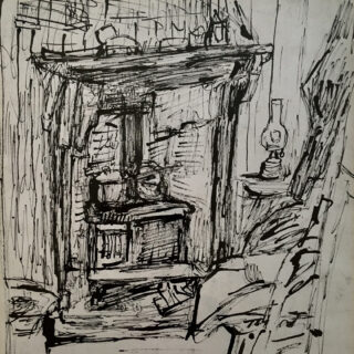 a kitchen range with chair and oil lamp