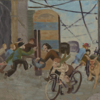 Figures and traffic at a busy road crossing