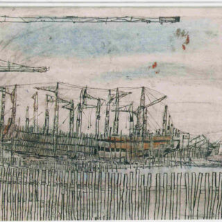 shipyard scene with cranes, fencing and ship masts