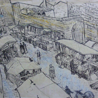 Busy market scene with stalls and figures